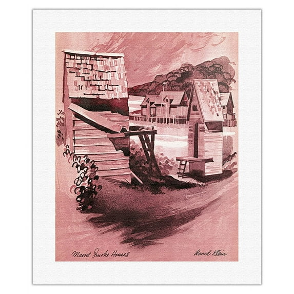 Maine - Smokehouses - Vintage Travel Poster by David Klein c.1968 - Fine Art Rolled Canvas Print 16in x 20in