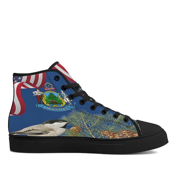 Maine State Chickadee Bird and Pine Cone High Top Canvas Shoes Sneakers Black Size 5