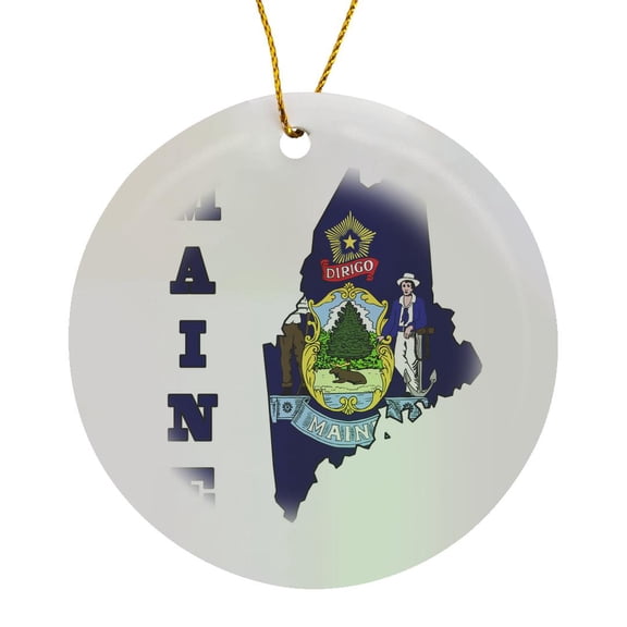 3drose, Maine State Flag in the Outline Map and Letters for Maine, Circle Porcelain Ornament
