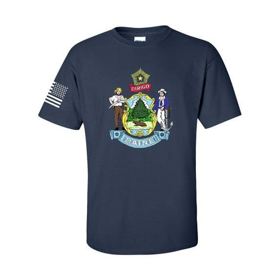 Maine State Flag United States of American Flag Short Sleeve Graphic tee T-shirt-Navy-large