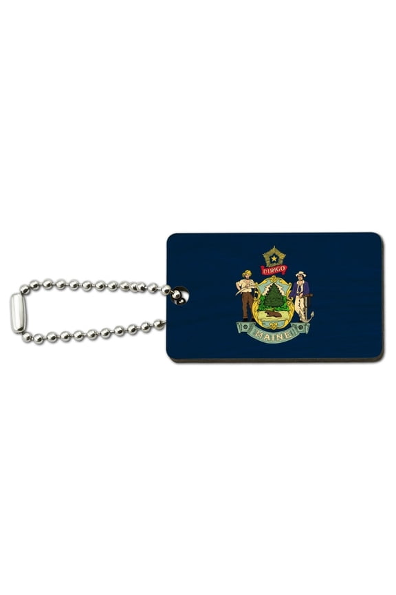 Maine State Flag Wood Wooden Rectangle Keychain Key Ring