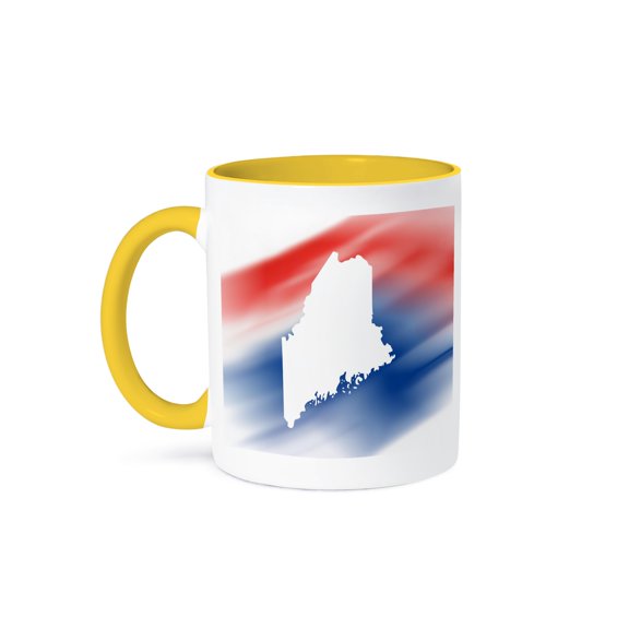 3drose, Maine State in White on a Red, White, and Blue Background., 15oz Two-tone Yellow Mug