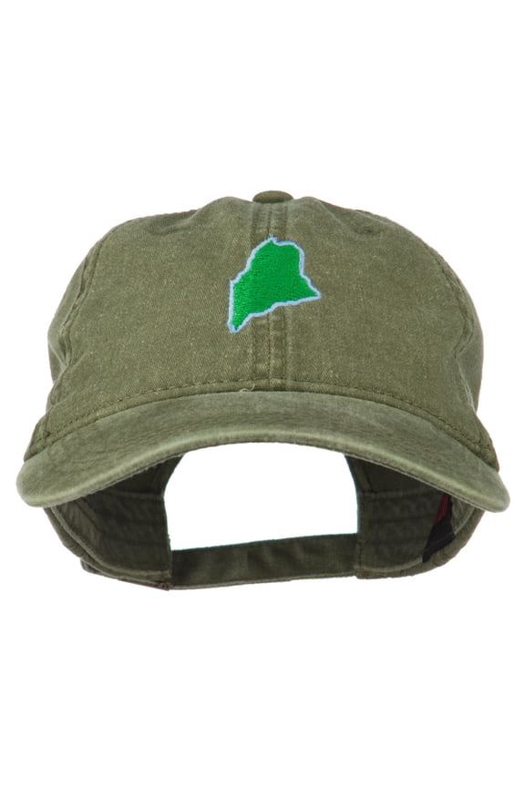 Maine State Map Embroidered Washed Cotton Cap - Olive Green OSFM