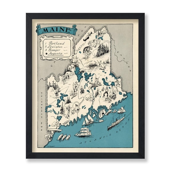 Maine State Map Vintage Gift Classic Landmark Illustration Wall Art Decor Unframed Paper Print