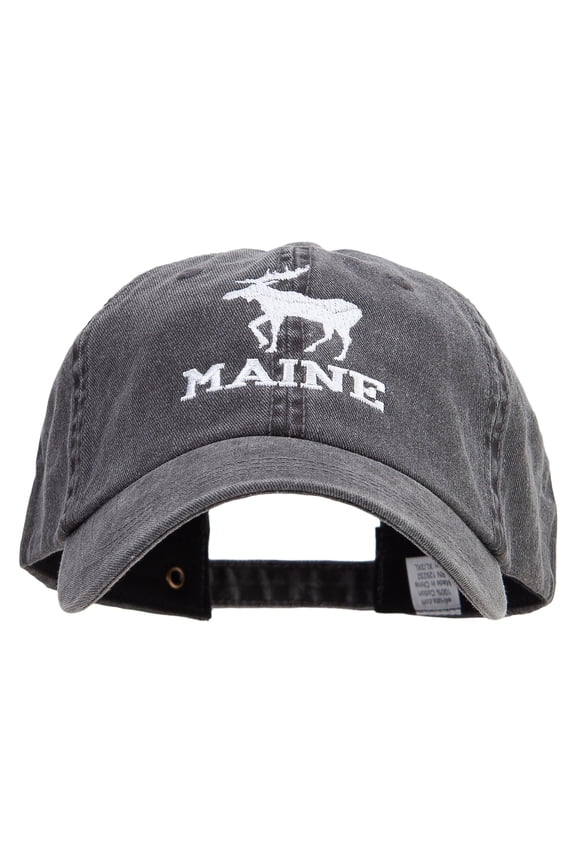 Maine State Moose Embroidered Big Size Washed Pigment Dyed Cap - Black XL-3XL