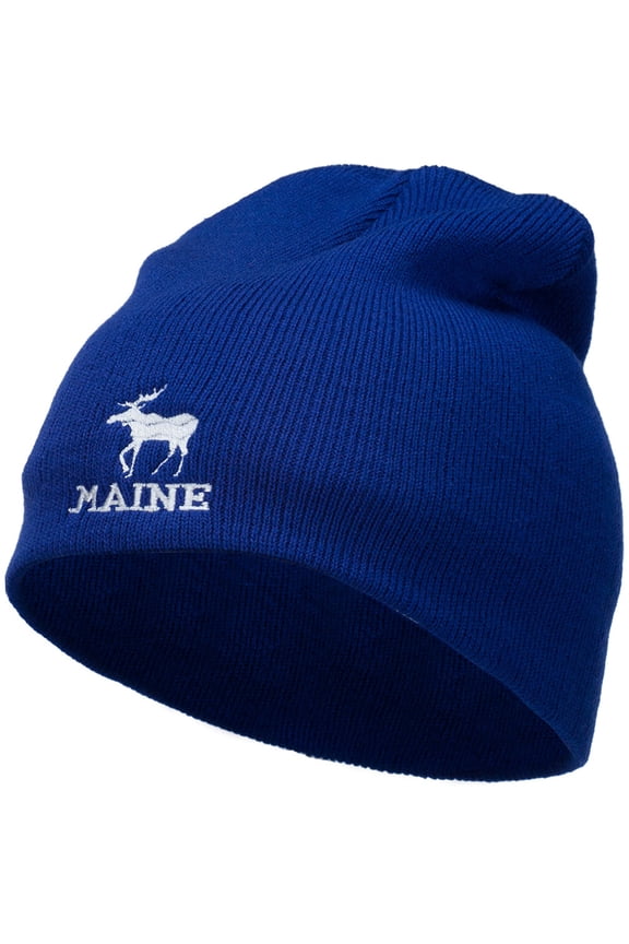 Maine State Moose Embroidered Short Beanie - Royal OSFM