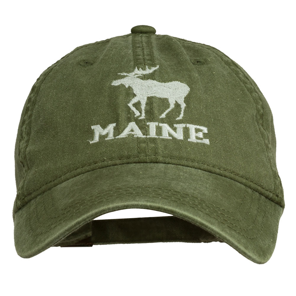 Maine State Moose Embroidered Washed Dyed Cap - Olive Green