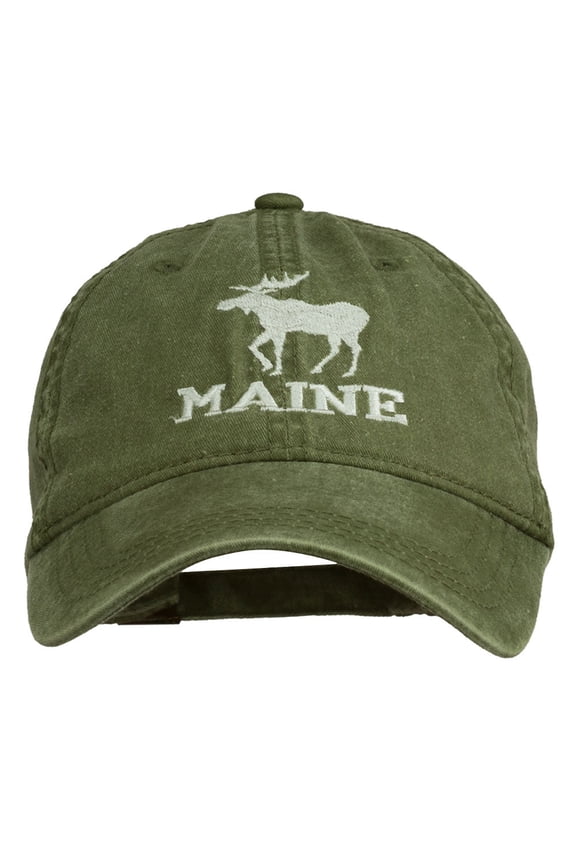 Maine State Moose Embroidered Washed Dyed Cap - Olive Green OSFM