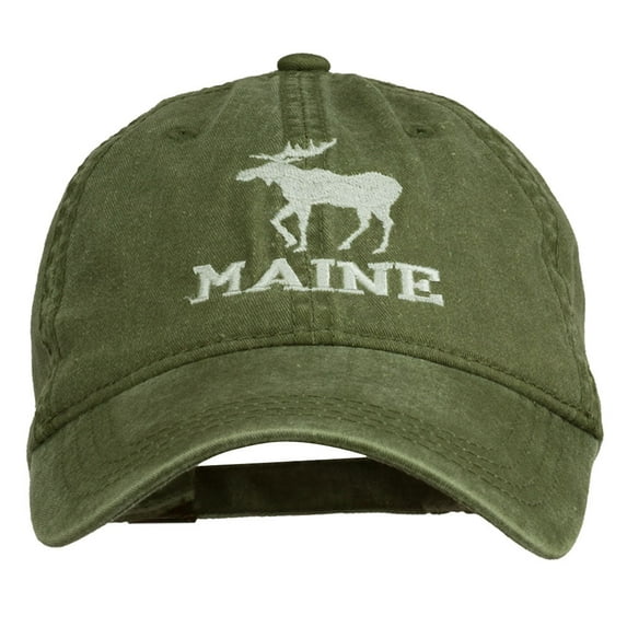 Maine State Moose Embroidered Washed Dyed Cap - Olive Green OSFM