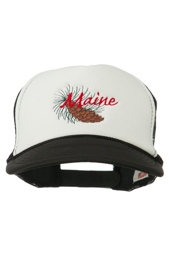 Maine State Pine Cone Tassel Flower Embroidered Cap - Black White OSFM