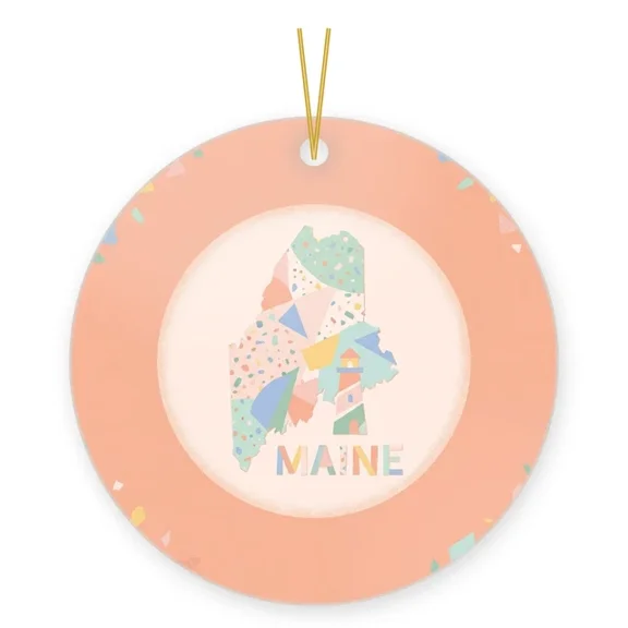 Maine State Pride Gift Ornament Coastal Lighthouse Map Keepsake 2D FLAT CIRCLE Ceramic Ornament