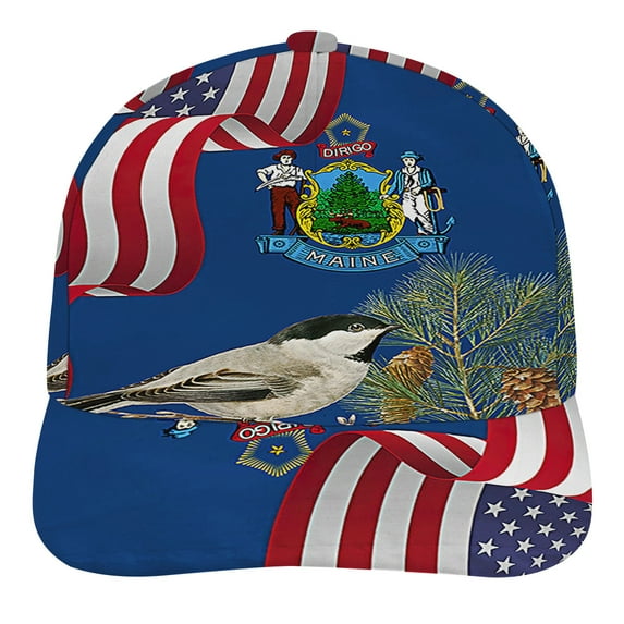 Maine Stte Chickadee Bird and Pine Cone baseball cap hat