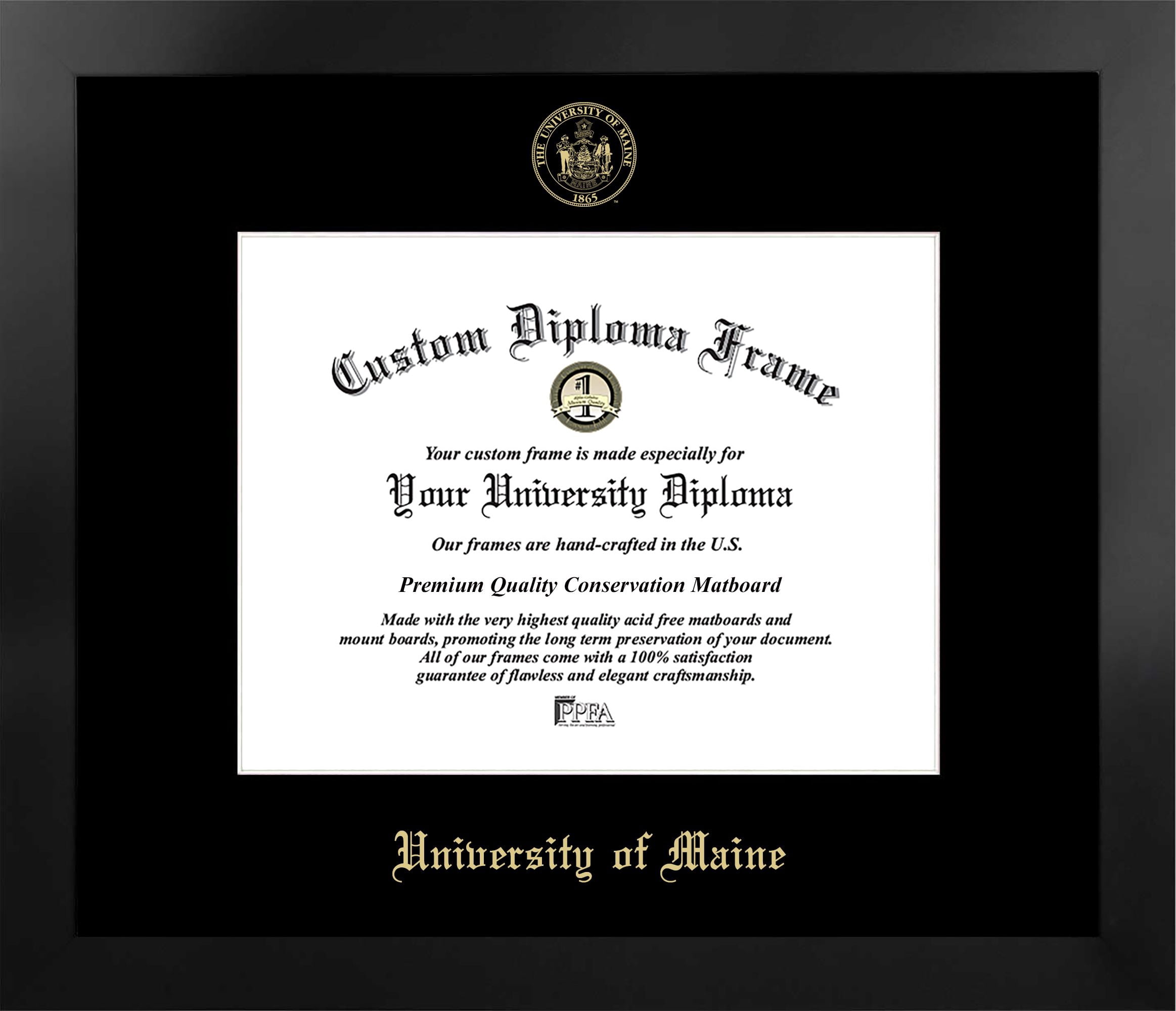 Maine University 11w x 8.5h Manhattan Black Single Mat Gold Embossed Diploma Frame with Bonus Campus Images Lithograph (value savings at $59)