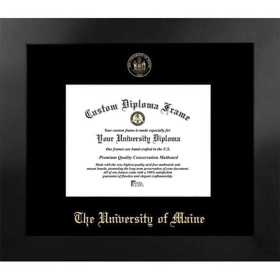 Maine University 9w x 7h Manhattan Black Single Mat Gold Embossed Diploma Frame with Bonus Campus Images Lithograph (value savings at $59)