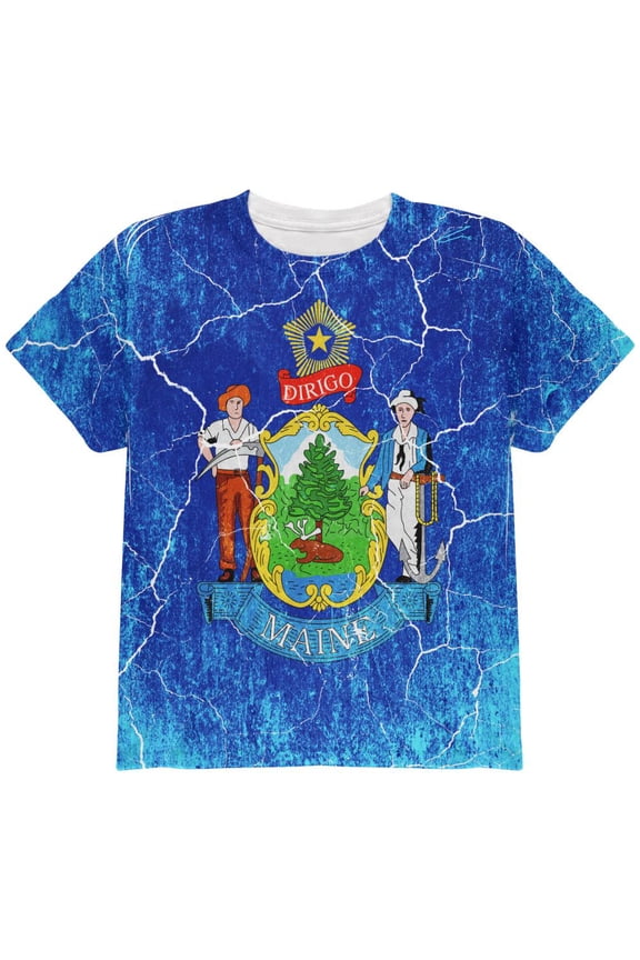 Maine Vintage Distressed State Flag All Over Youth T Shirt Multi YSM