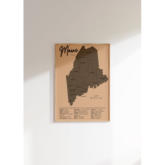 Maine Vintage Map Poster: Us State Art, Social Studies Decor, Unframed Poster Size 16x24