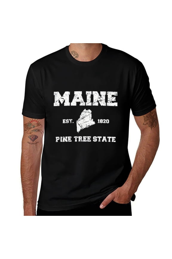 Maine Vintage Pine Tree State Mens T Shirts Cotton Short Sleeve T-Shirt Crew Neck Tees Casual Shirt