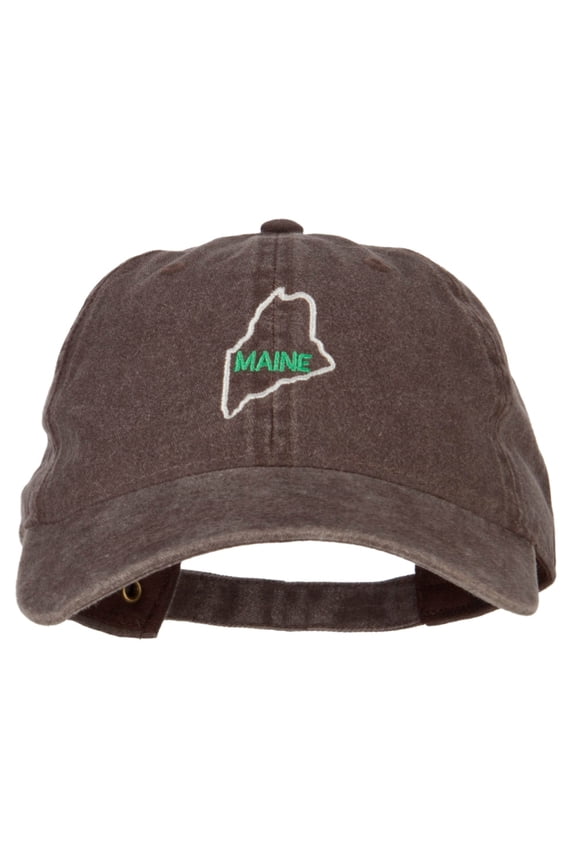 Maine with Map Outline Embroidered Washed Cotton Twill Cap - Brown OSFM