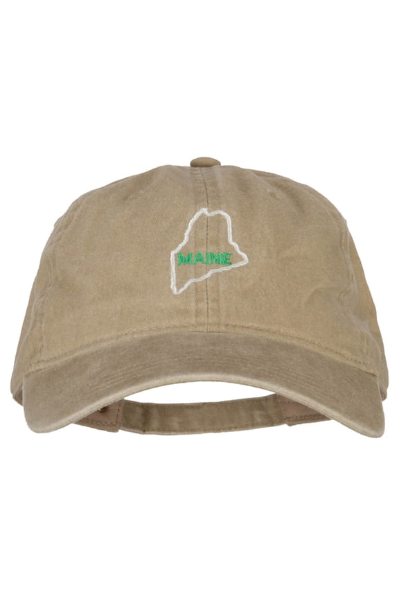 Maine with Map Outline Embroidered Washed Cotton Twill Cap - Khaki OSFM