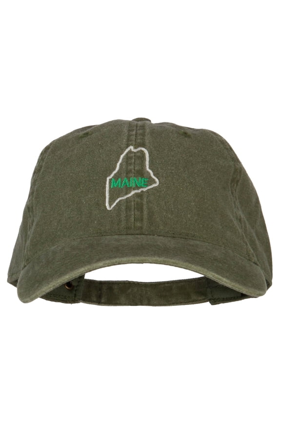 Maine with Map Outline Embroidered Washed Cotton Twill Cap - Olive OSFM