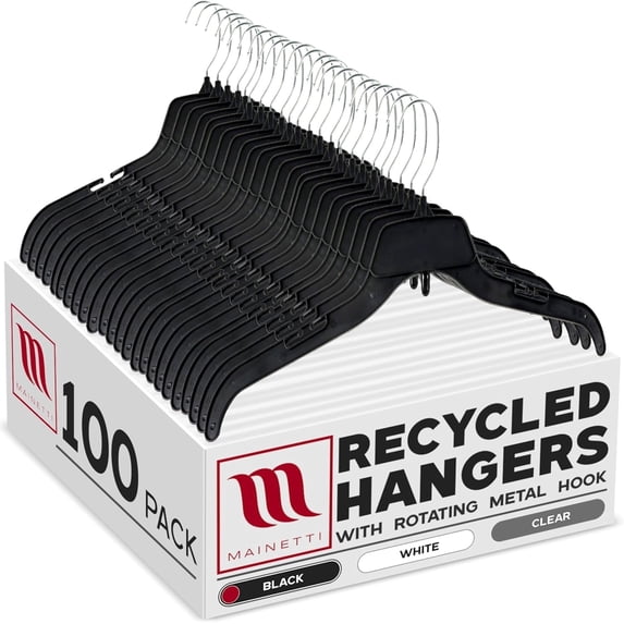 Mainetti Black Recycled Plastic Clothes Hangers 100 Pack | 17-Inch Space Saving Hangers with Rotating Metal Hook & Notches for Straps | Closet Hangers Ideal for Shirts, Tops & Dresses (484BRSEMN100)
