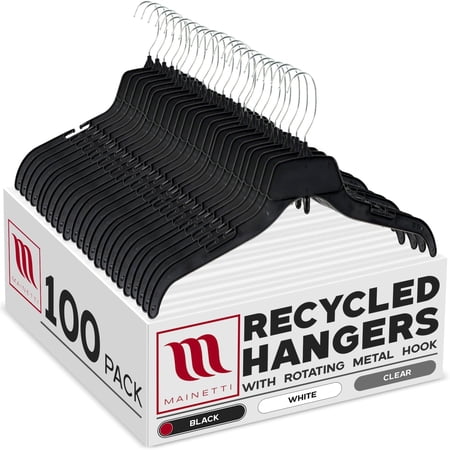 Mainetti 484 Black Plastic Hangers - 100 Pack with Rotating Metal Hook and Notches for Straps, Great for Shirts/Tops/Dresses, 17-Inch