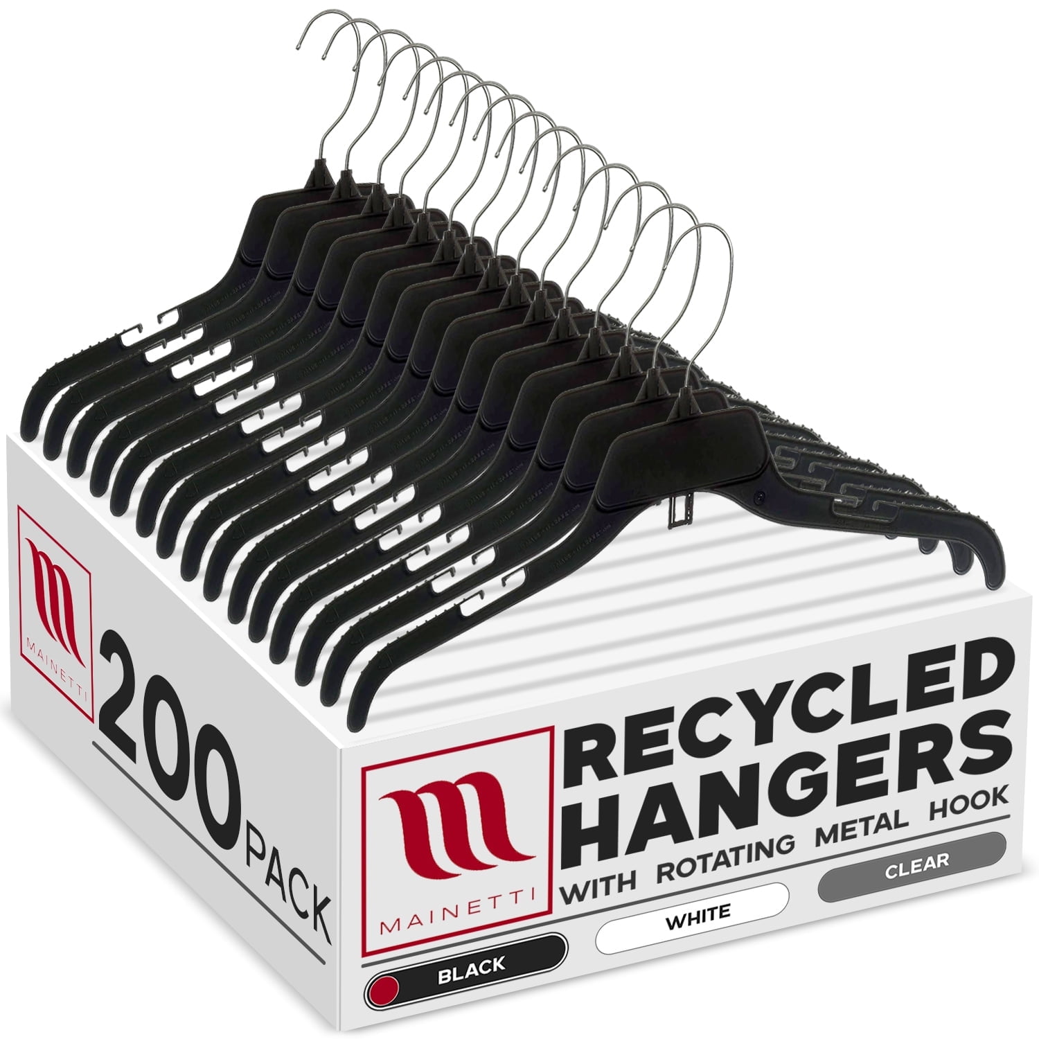 Black Recycled Plastic Hangers 200 Pack with Rotating Metal Hook