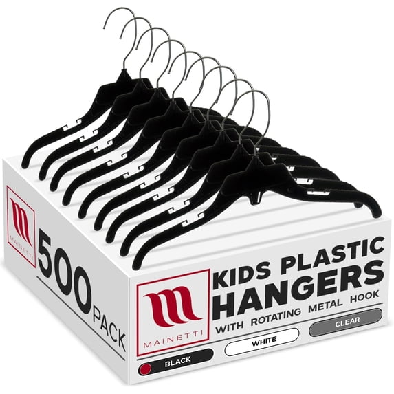 Mainetti 498 Black Plastic Hangers - 500 Pack with Rotating Metal Hook and Notches for Straps, Great for Shirts/Tops/Dresses, 12-Inch
