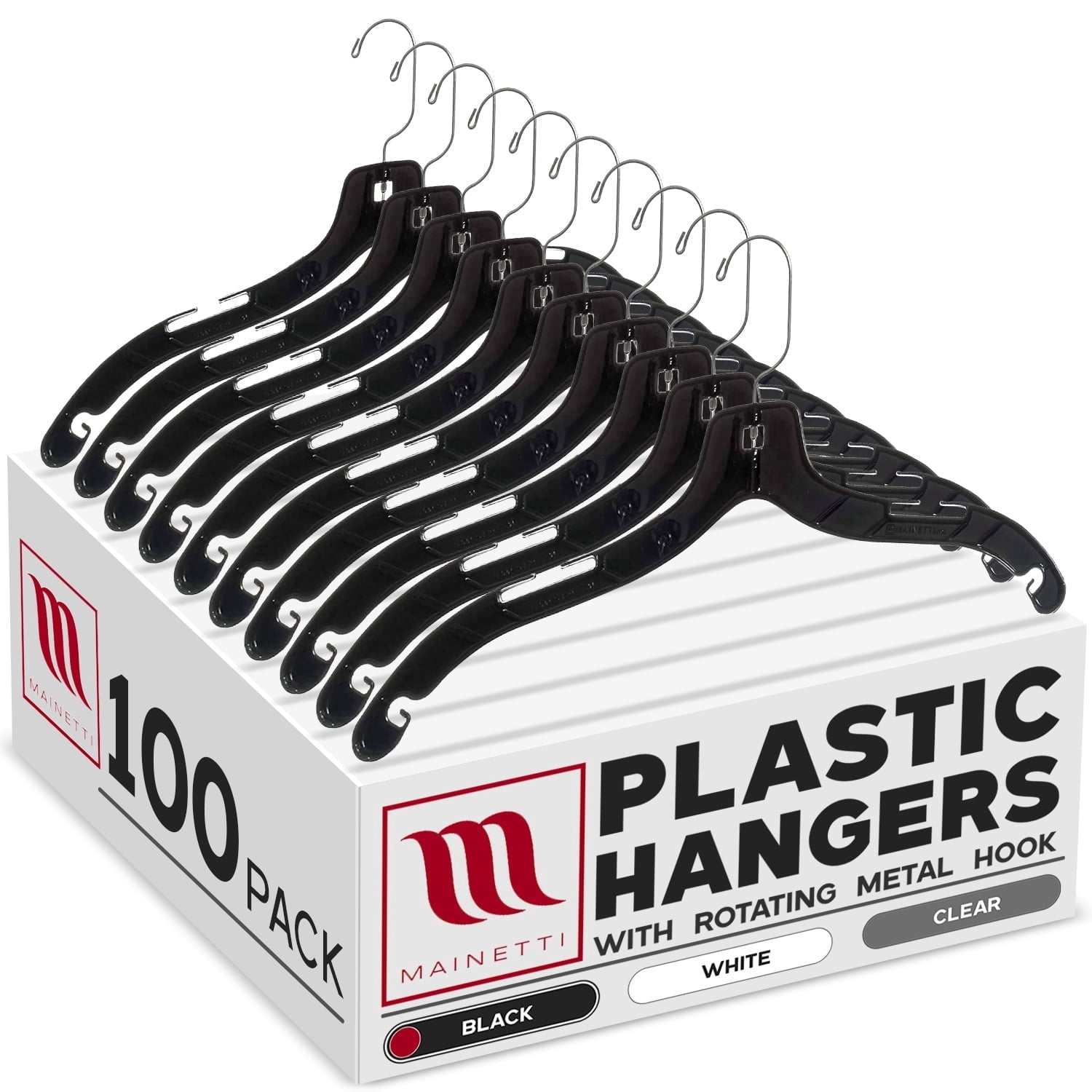 Mainetti 5400 Black Plastic Hangers With 360 Swivel Metal Hook And Notches For Straps, Great For Shirts/Tops/Dresses/Jackets, 17-Inch (Value Pack Of 100)