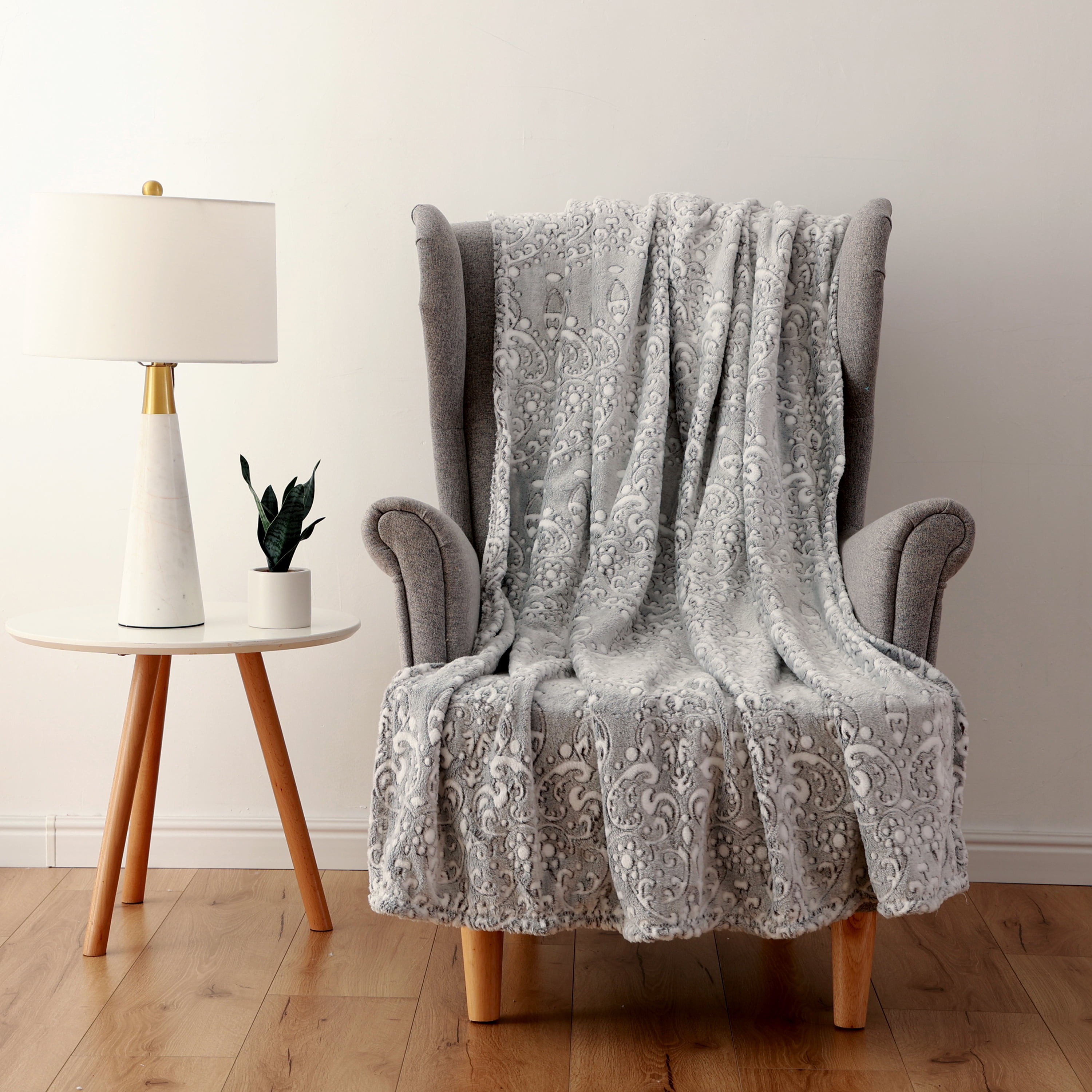 Mainstay Printed Textured Plush Throw, Size 50” x 60”, Damask Print