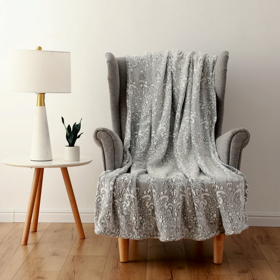 Mainstay Printed Textured Plush Throw, Size 50” x 60”, Damask Print