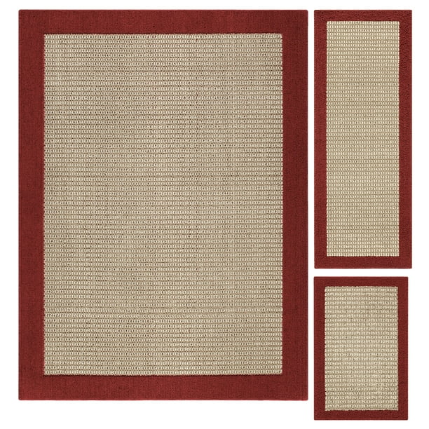 Mainstay Traditional Faux Sisal Red Indoor Area Rug Set, 3 Piece