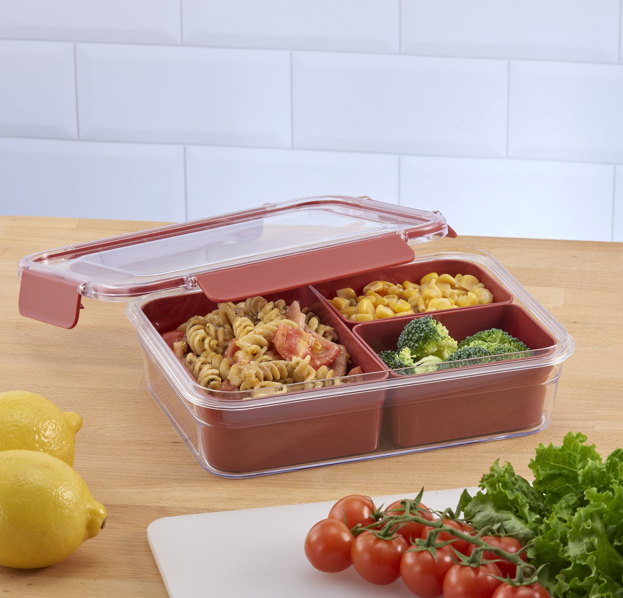 Dww-lunch Box With 3 Compartments, Salad Lunch Box For Adults/kids,  Leakproof Bento Box, Microwavable, Bpa Free Red, 1500ml