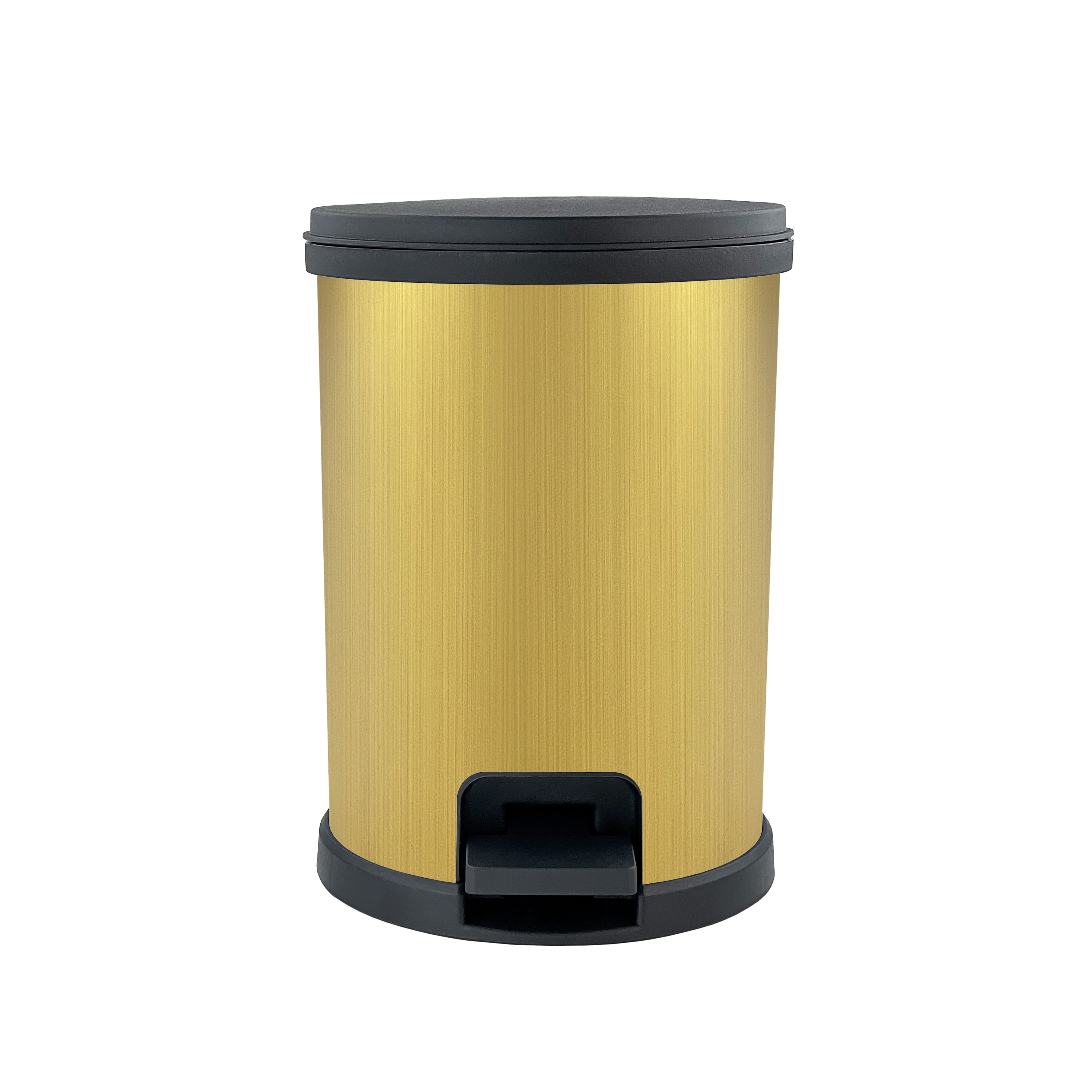 Mainstays 1.5 Gallon Trash Can. Plastic Round Step Bathroom Trash Can, Stainless Gold