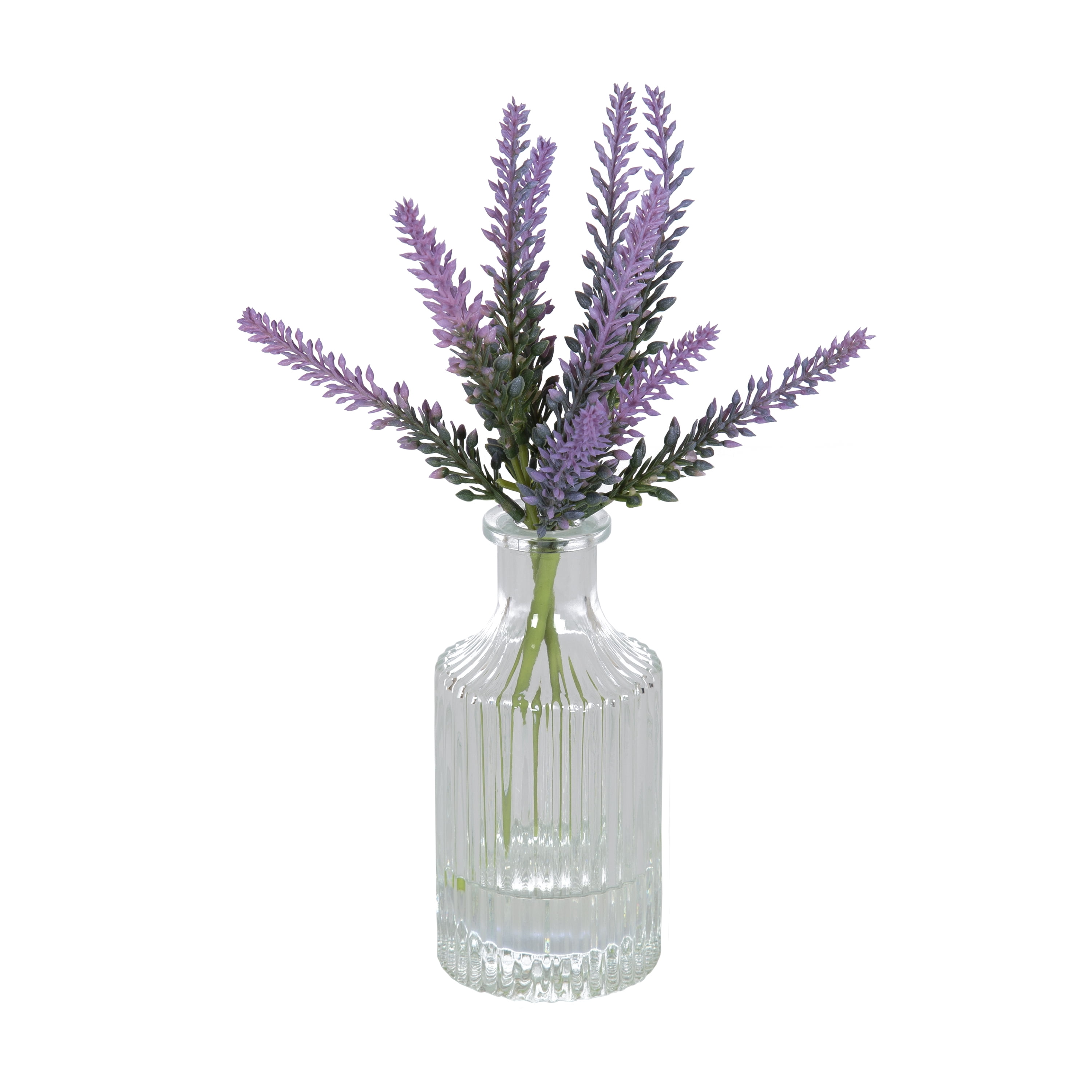 Mainstays 10.5" Artificial Lavender Flower Stems in Ribbed Glass Vase