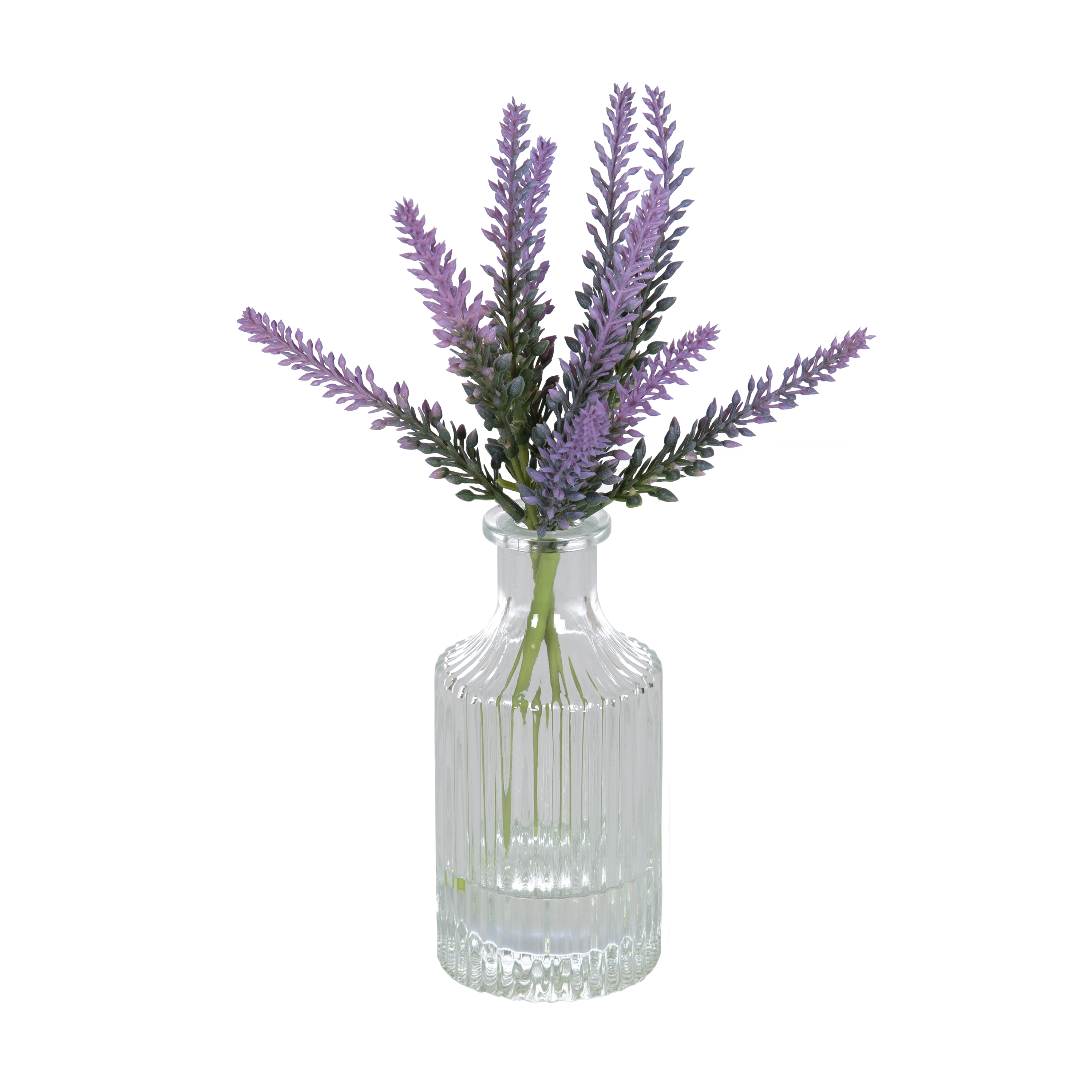Mainstays 10.5" Artificial Lavender Flower Stems in Ribbed Glass Vase - image 1 of 10