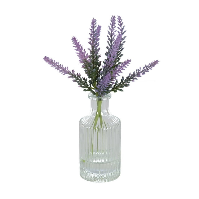 Mainstays 10.5" Artificial Lavender Flower Stems in Ribbed Glass Vase