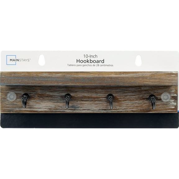 Mainstays 10 Inch Wooden Hookboard with Shelf, 4 Metal Hooks, Includes Mounting Hardware, Antique Grey