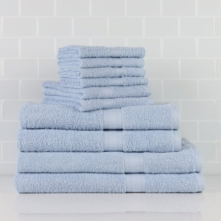Mainstays 10 Piece 100% Cotton Towel Set, 2 Bath Sheets, 2 Bath 2 Hand and 4 Washcloths, Super Soft and Highly Absorbent Basic Solid Towel Set for Bathroom, Hotels, Spa and Gym – Blue