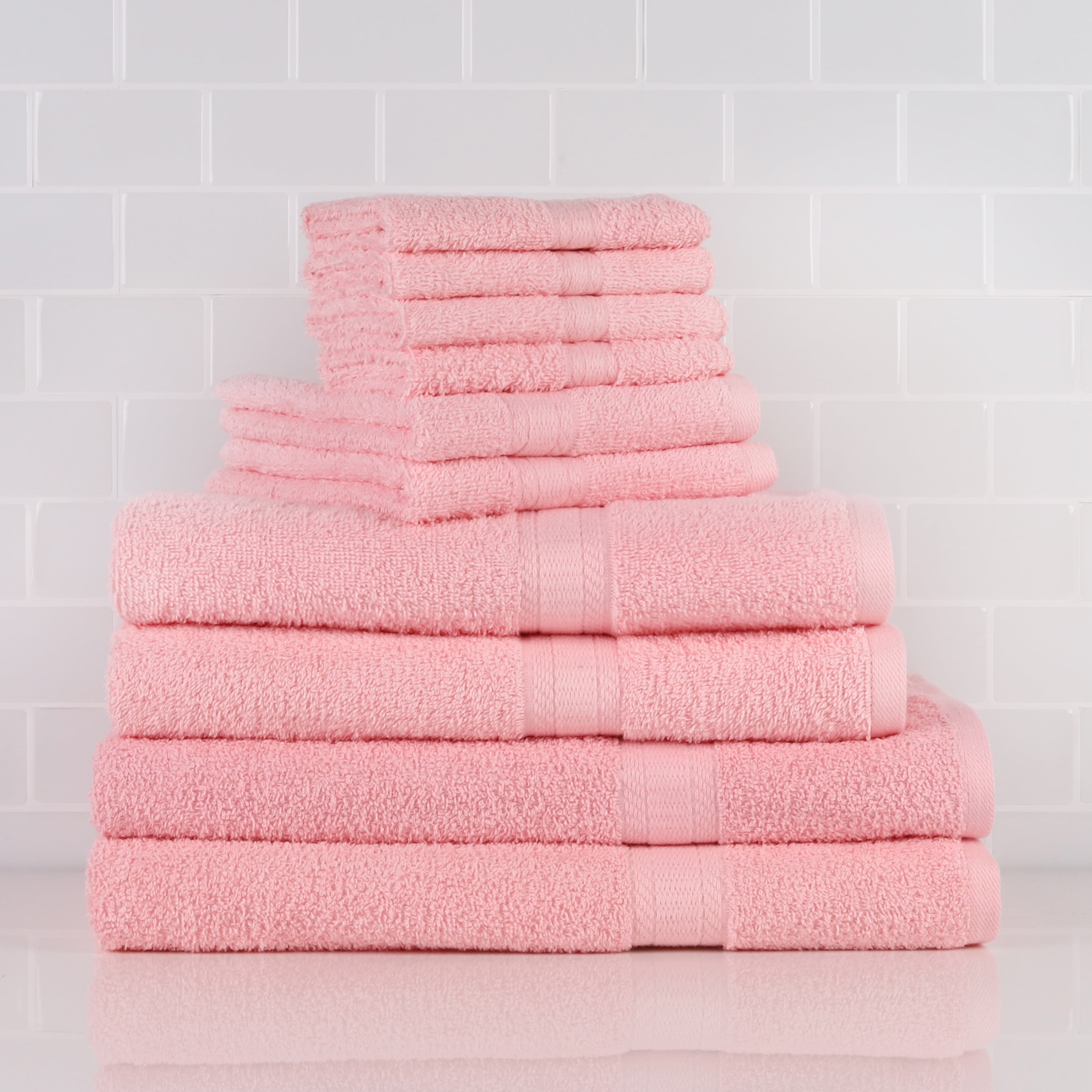 Mainstays 10 Piece 100% Cotton Towel Set, 2 Bath Sheets, 2 Bath 2 Hand and 4 Washcloths, Super Soft and Highly Absorbent Basic Solid Towel Set for Bathroom, Hotels, Spa and Gym – Pink