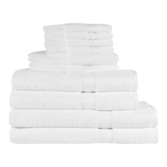 Mainstays 10 Piece 100% Cotton Towel Set, 2 Bath Sheets, 2 Bath 2 Hand and 4 Washcloths, Super Soft and Highly Absorbent Basic Solid Towel Set for Bathroom, Hotels, Spa and Gym – White