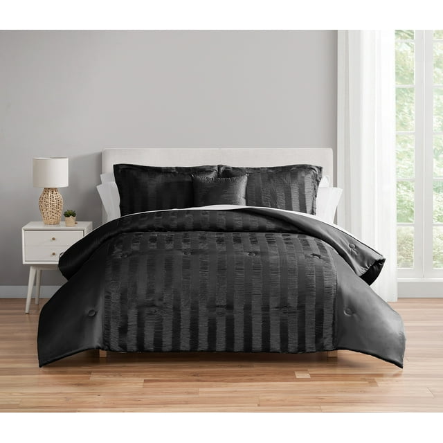 Mainstays 10 Piece Black Satin Pleat Bed in a Bag Comforter Set with Sheets, King