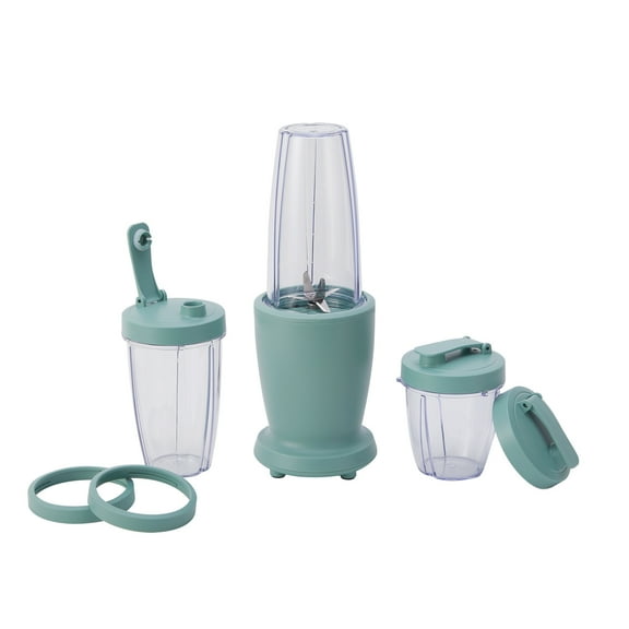 Mainstays 10-Piece Blender Set, Green Sage, 300W, with 3 Jars (10oz, 16oz, 18oz), 2 Drinking Lids, Stainless Steel Blade