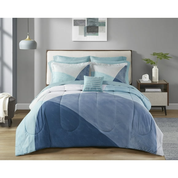 Mainstays 10 Piece Blue Color Block Bed in a Bag Comforter Set with Sheets, Full