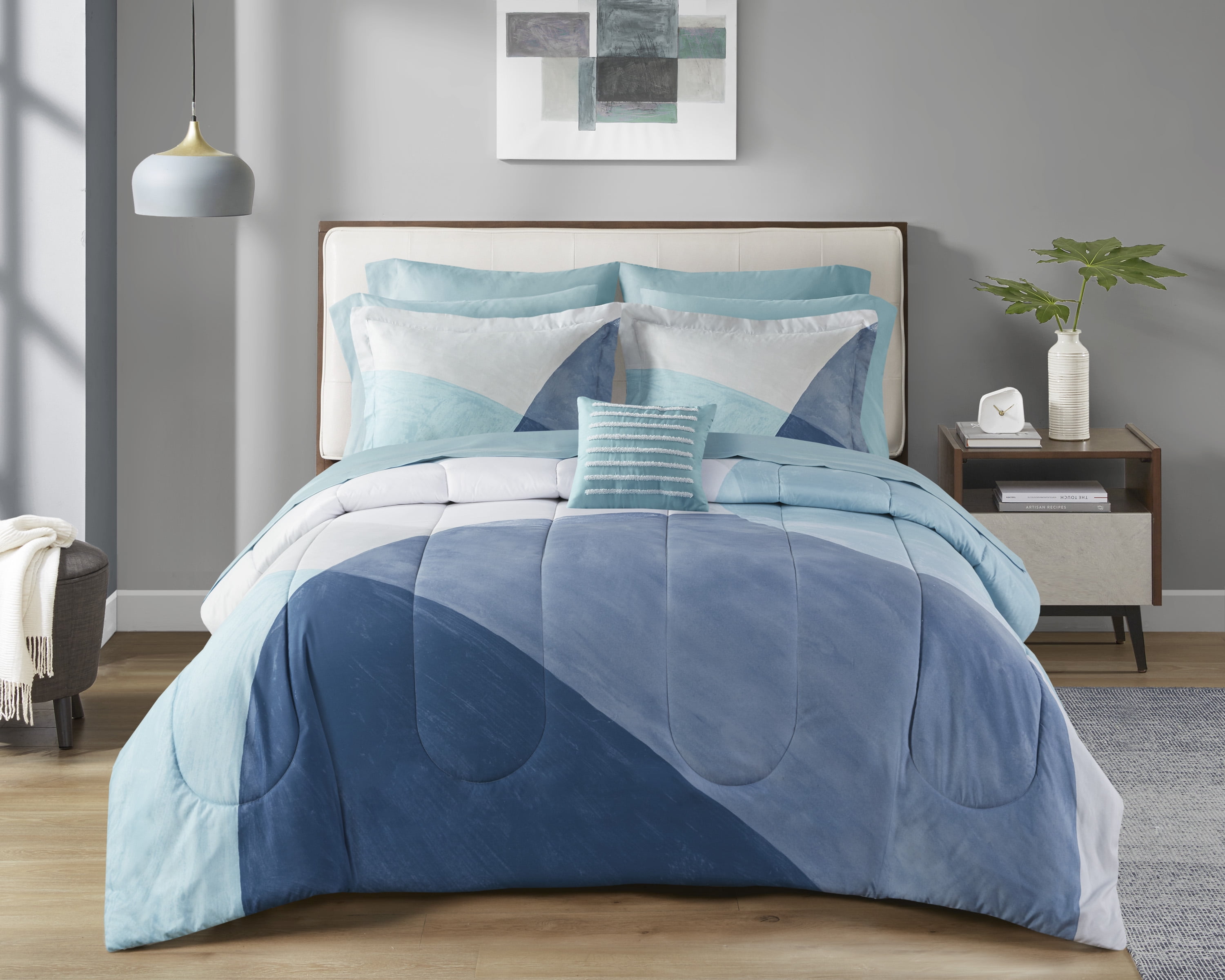 Mainstays 10 Piece Blue Color Block Bed in a Bag Comforter Set with Sheets, Queen