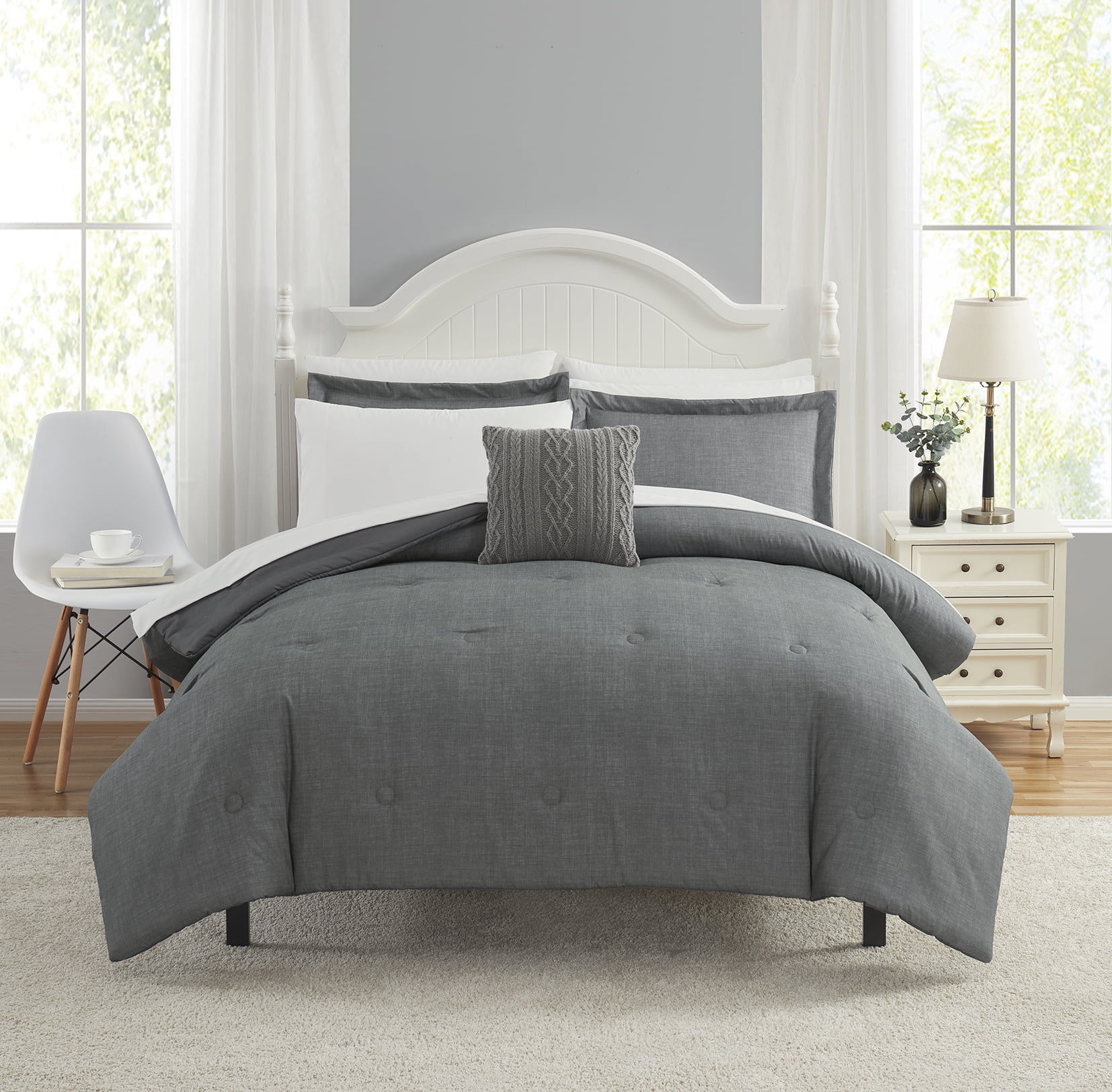 Free Shipping! Mainstays Grey 10 Piece Bed in a Bag Comforter Set with Sheets, King  (图1)
