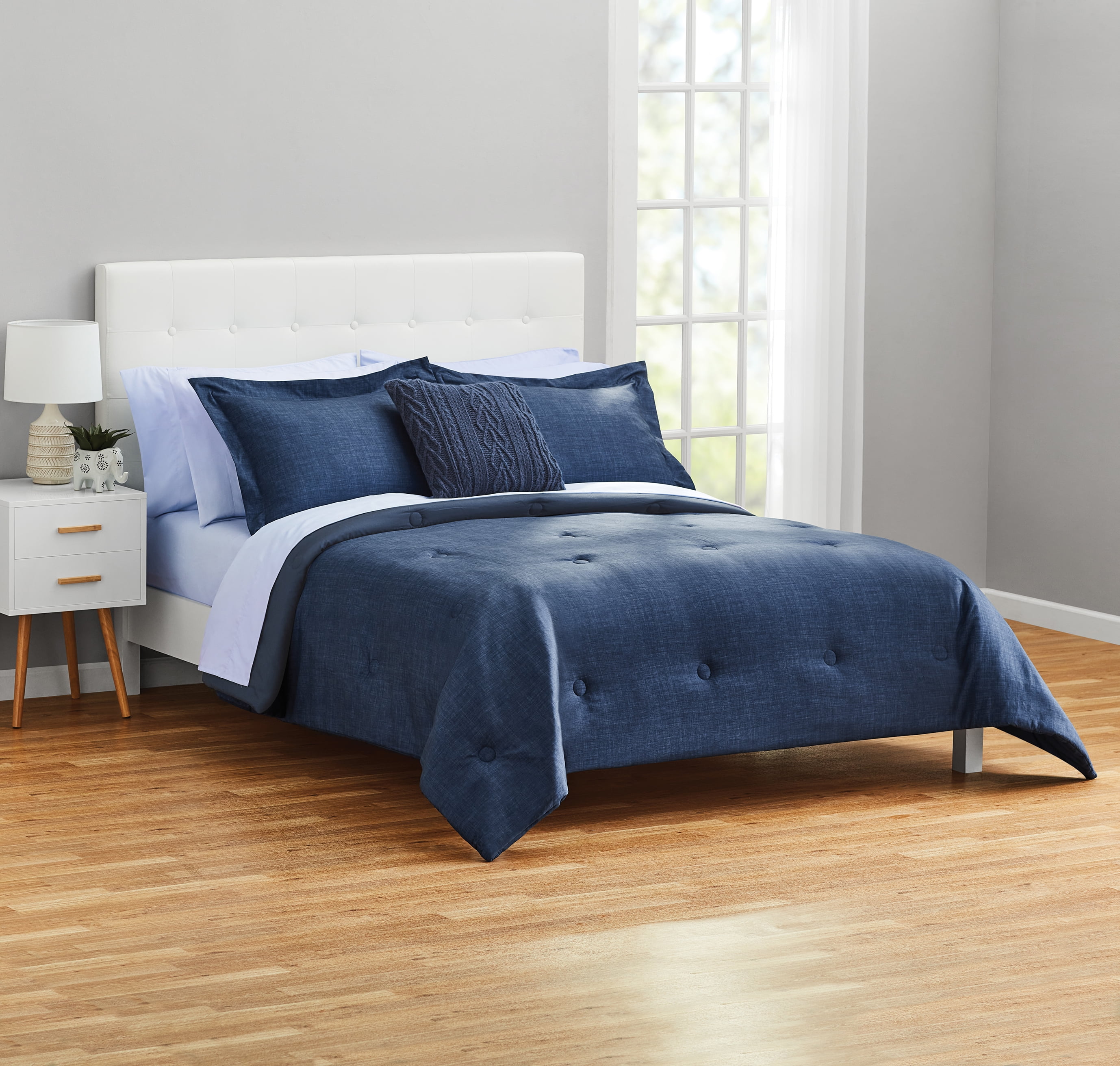 Mainstays Navy Windowpane 10 Piece Bed in a Bag Comforter Set with Sheets Queen