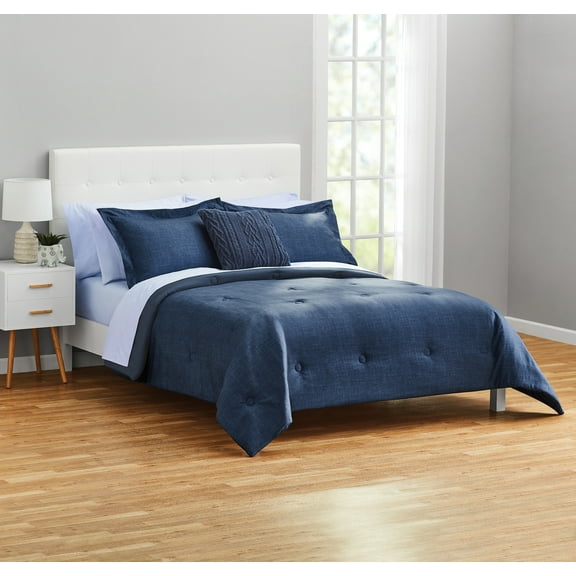Mainstays 10 Piece Navy Bed in a Bag Comforter Set with Sheets, Queen
