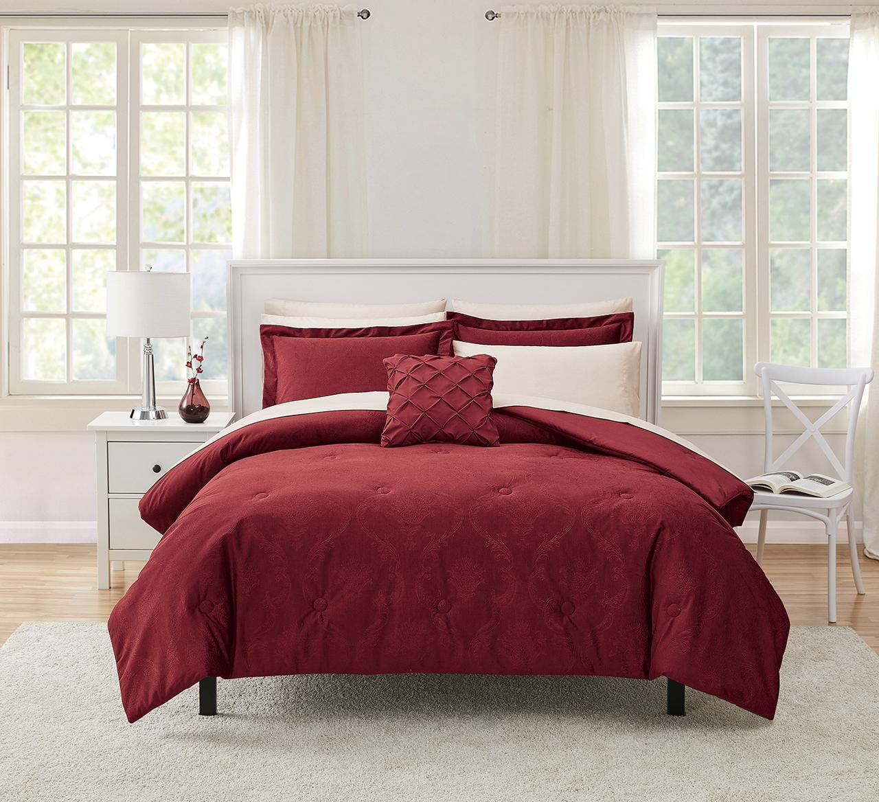 Walmart Deal of Free Shipping! Mainstays Red Velvet Damask 10 Piece Bed in a Bag Comforter Set with Sheets, Queen