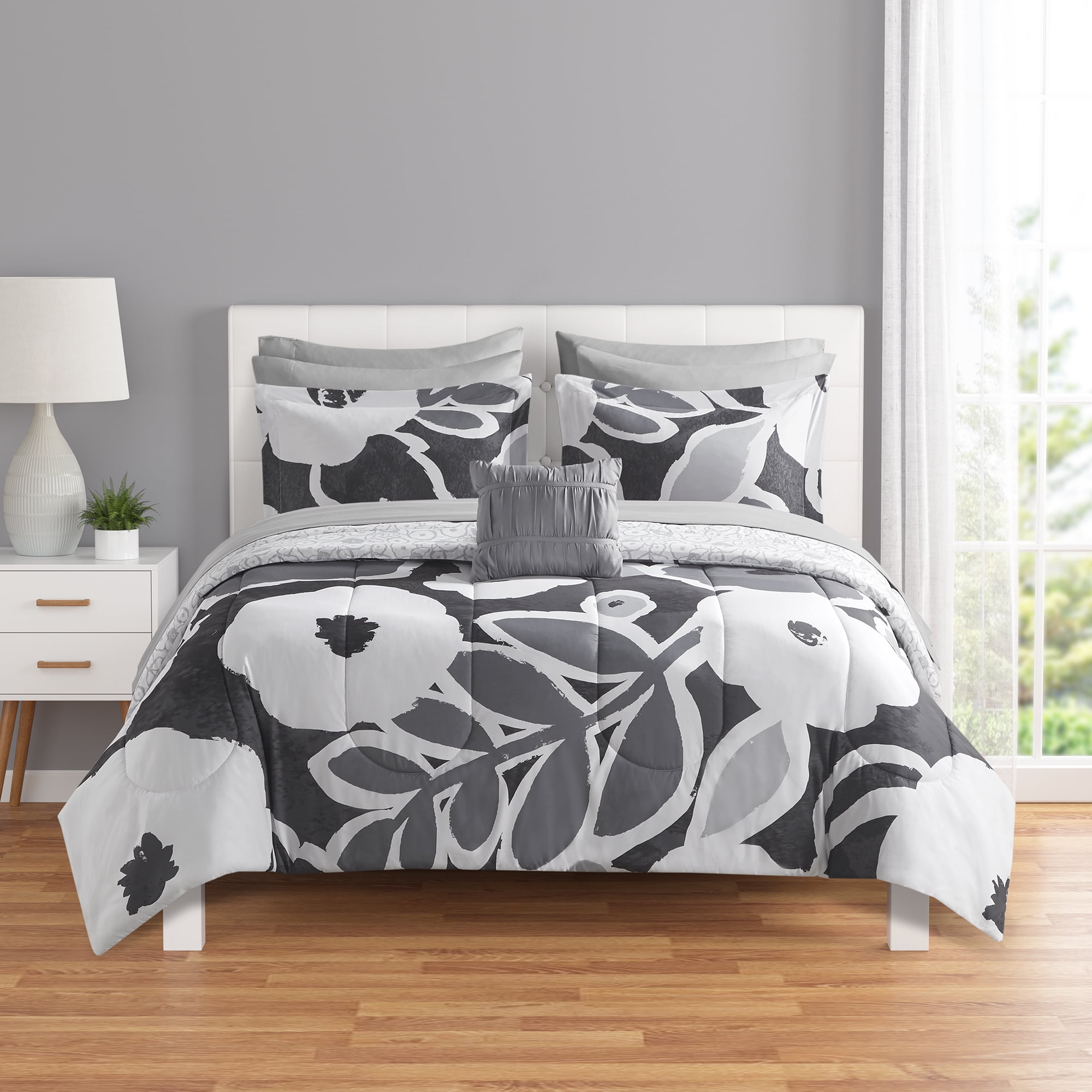Mainstays 10 Piece Rich Black Floral Bed in a Bag Comforter Set with Sheets, Full